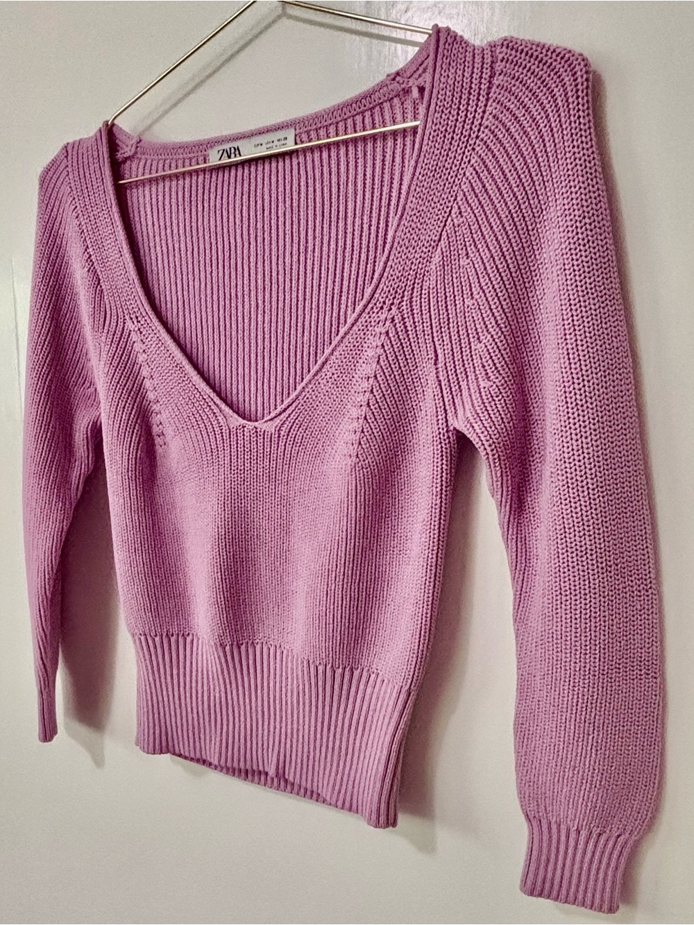 Zara| Lilac Ribbed V-Neck Knit Bodycon Sweater Sz M - Picture 3 of 7